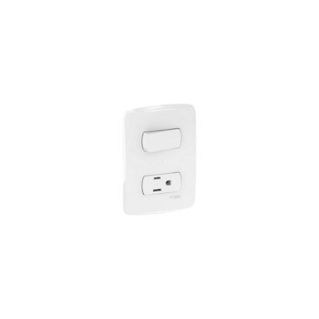 1 interruptor sencillos 10A + 1 contacto 2P+T 15A, producto armado (incluye placa). Color Blanco